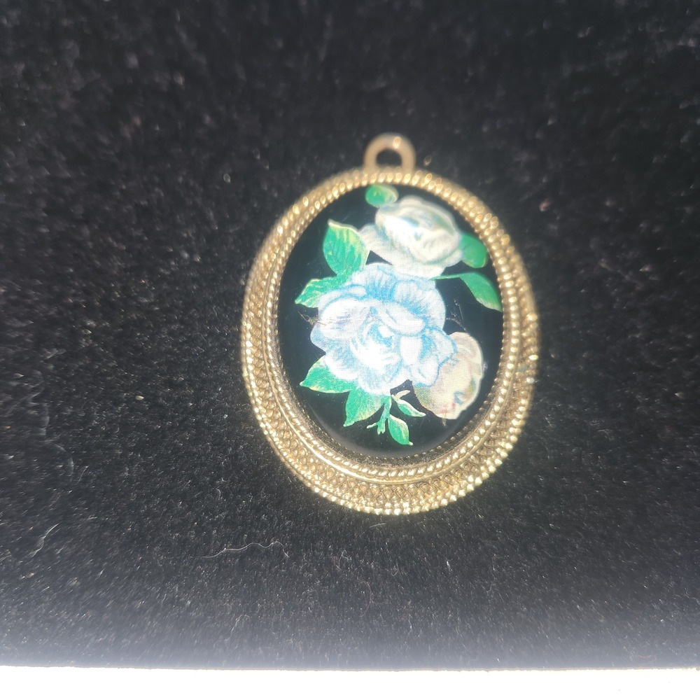 Vintage Hand Painted Blue Rose Floral Oval Pendant Gold Tone Etched Frame 2in